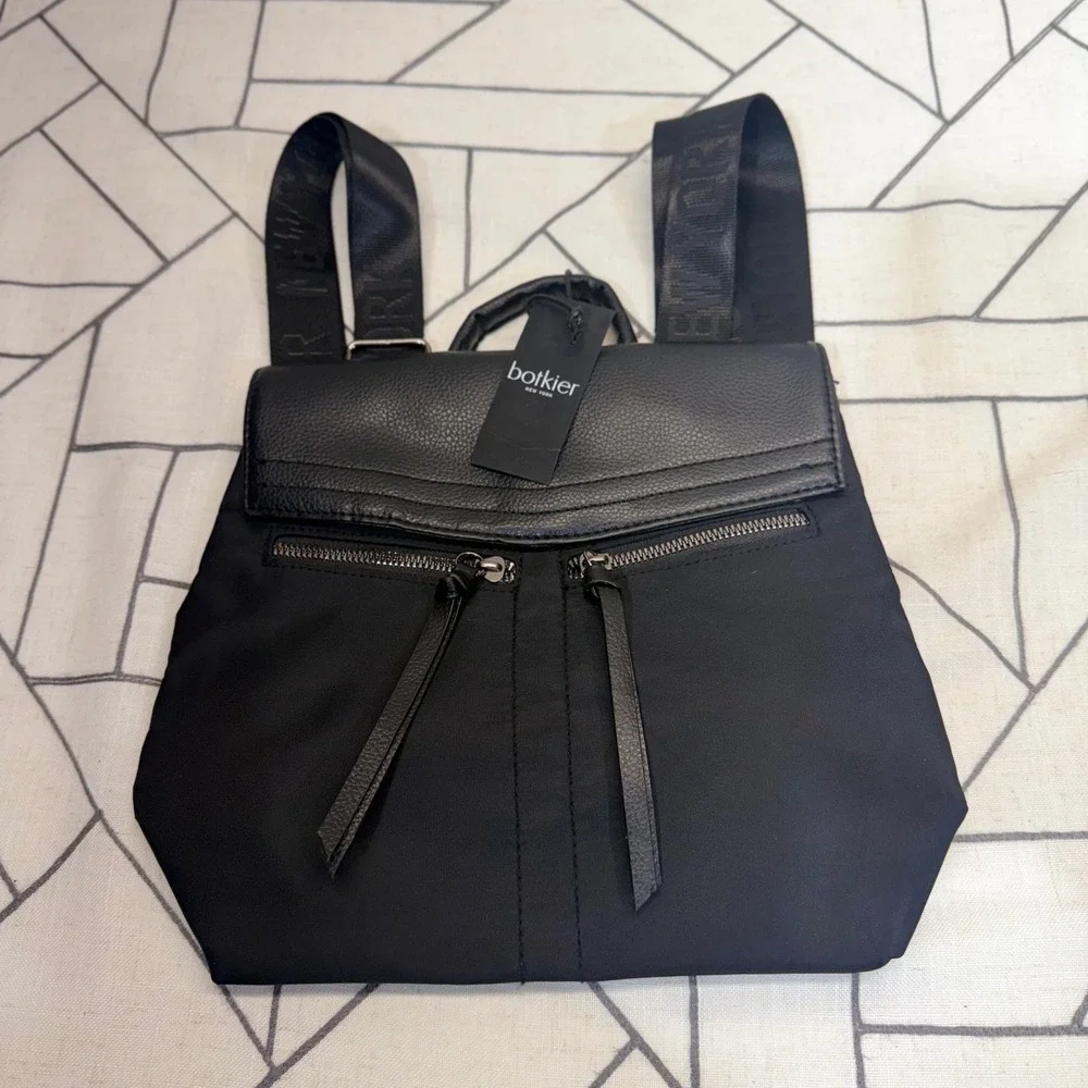 Botkier Backpack Small Black Nylon Leather Trim Logo Straps Zipper Pockets